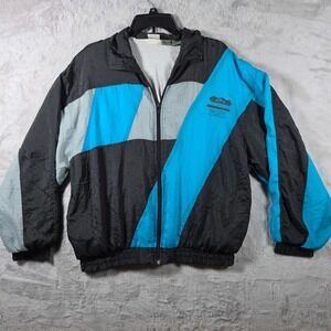 Robert Stock Windbreaker Mens Large Black Blue Vintage 90s Colorblock Zip Jacket